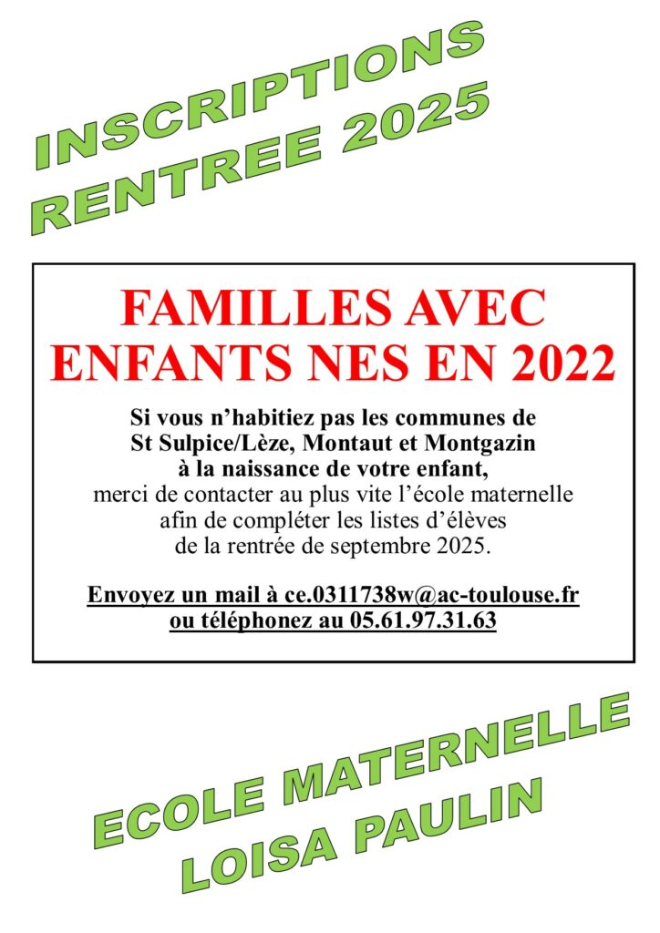 Inscriptions maternelle Saint Sulpice-sur-Lèze-rentrée 2025 1