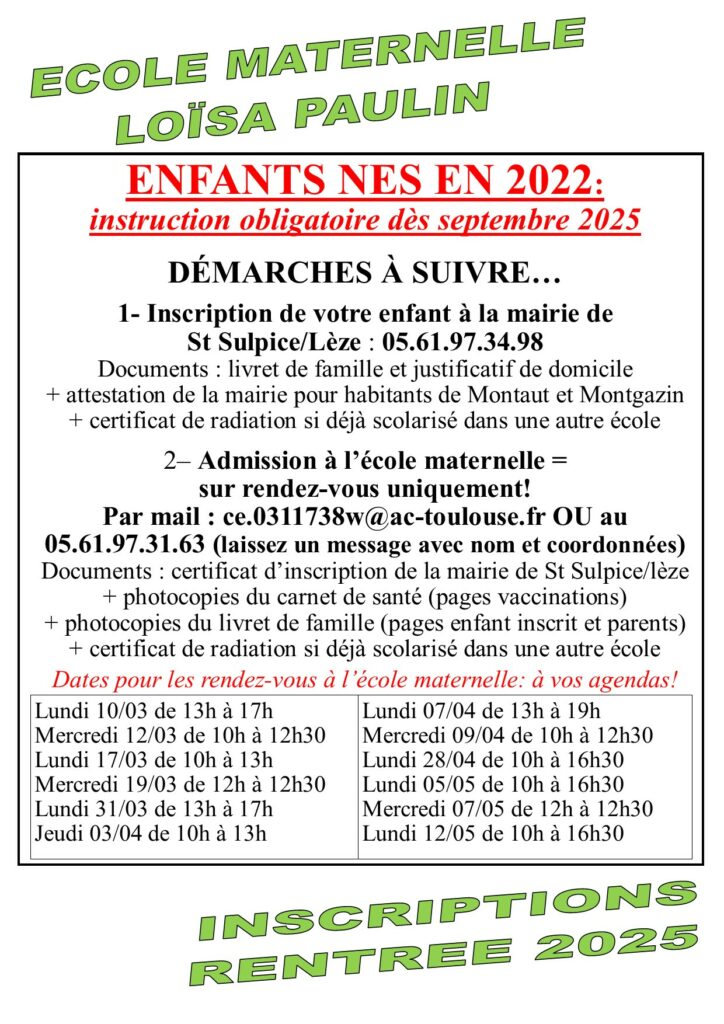 Inscriptions maternelle Saint-Sulpice-sur Lèze-rentrée 2025 2